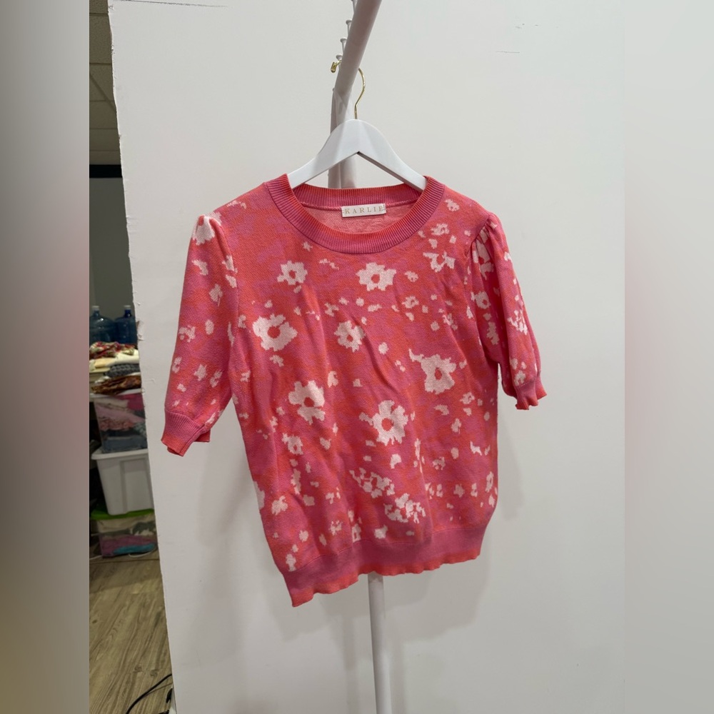 Karlie Pink Floral Sweater with Ribbed Trim